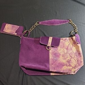Vibrant Purple and Tan Shoulder Bag with Floral Design and Chain Strap